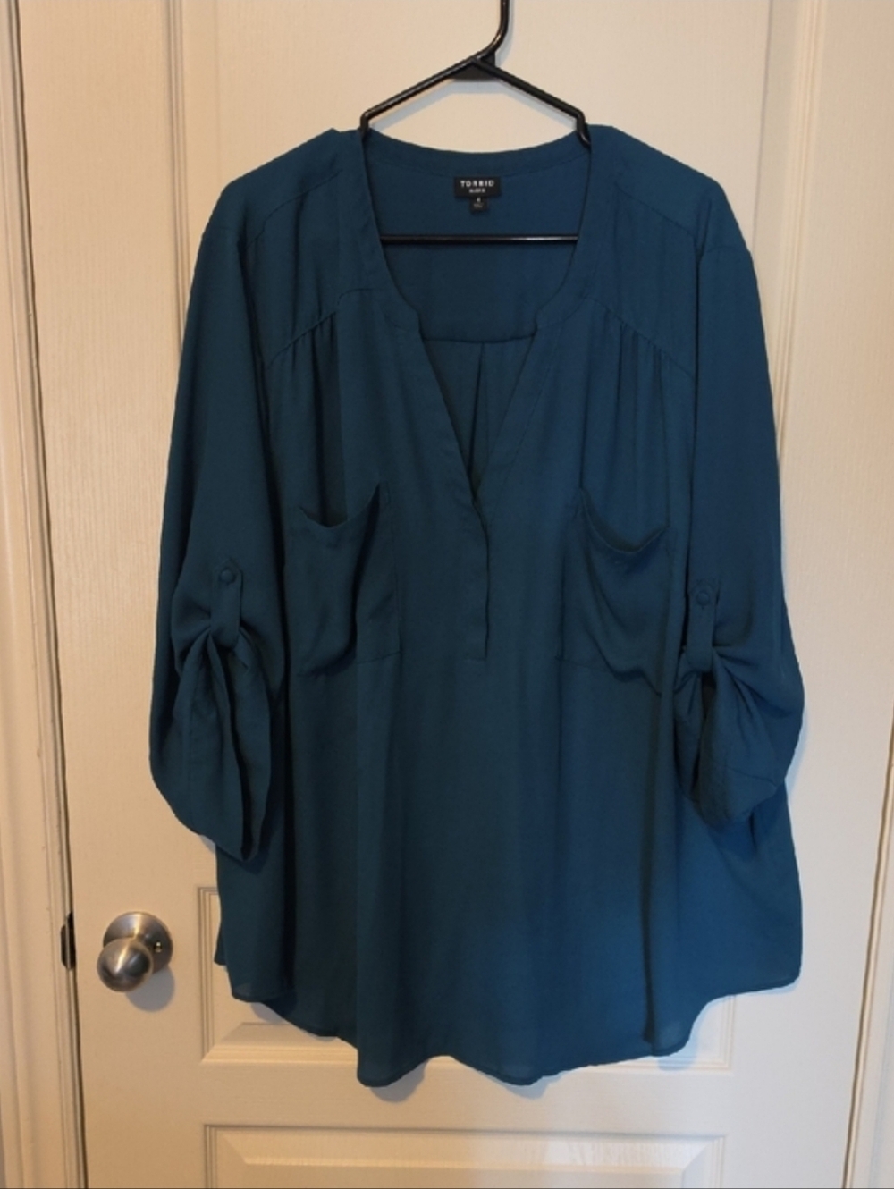 torrid Teal V-Slit Harper Blouse with Pockets